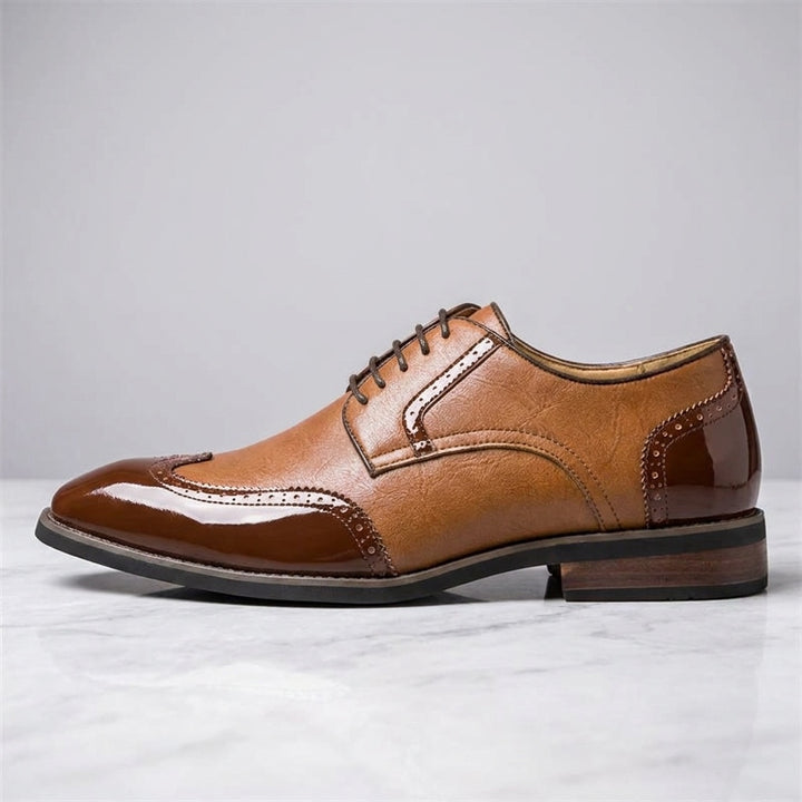 Urbino Leather Wingtip Brogues — Cognac, side profile studio view