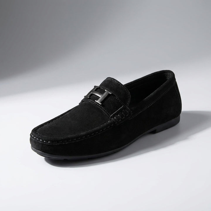Recco Suede Loafers — Black, three-quarter studio view