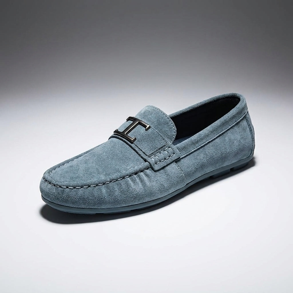 Recco Suede Loafers — Blue, three-quarter studio view