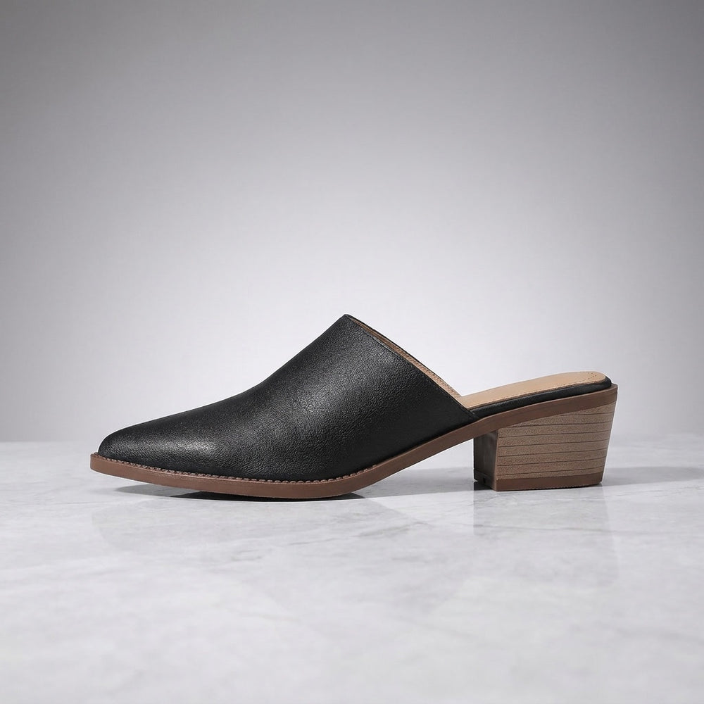 Sabina Leather Mules — Black, side profile studio view