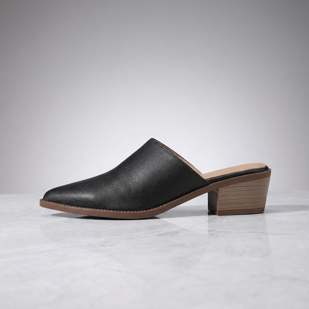 Sabina Leather Mules — Black, side profile studio view