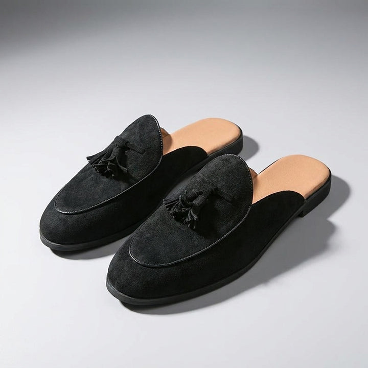 Fasano Suede Mules — Black, three-quarter front view, both shoes paired, open-back visible