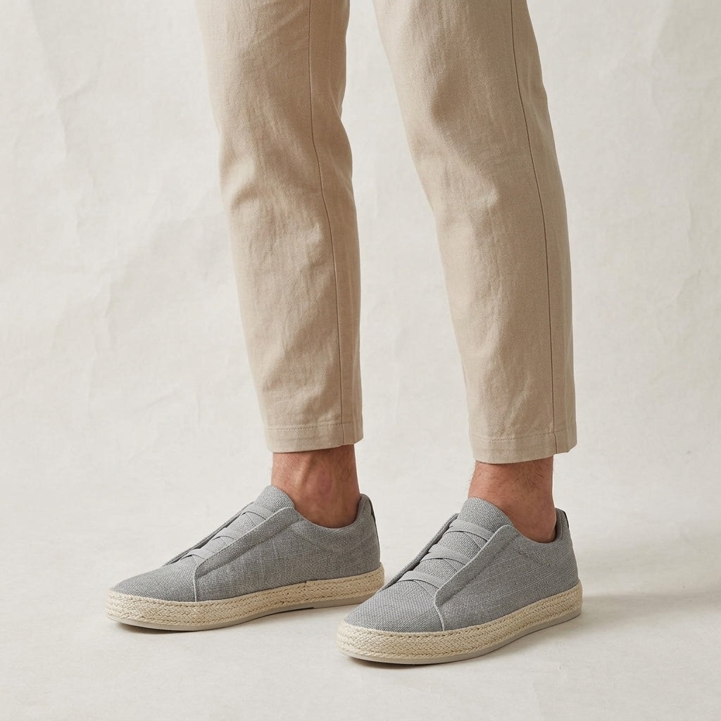 Ponza Espadrille Sneakers — Grey, worn with beige chinos, studio