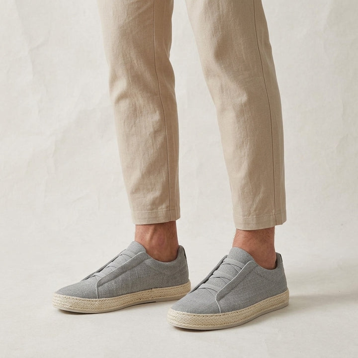 Ponza Espadrille Sneakers — Grey, worn with beige chinos, studio