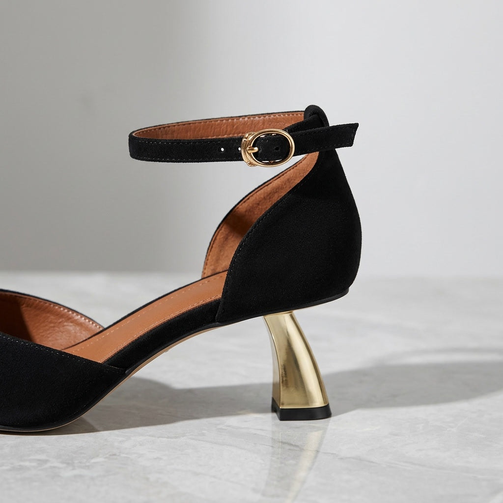 Tremezzo Ankle-Strap Pumps — Black, close view of the ankle strap and heel