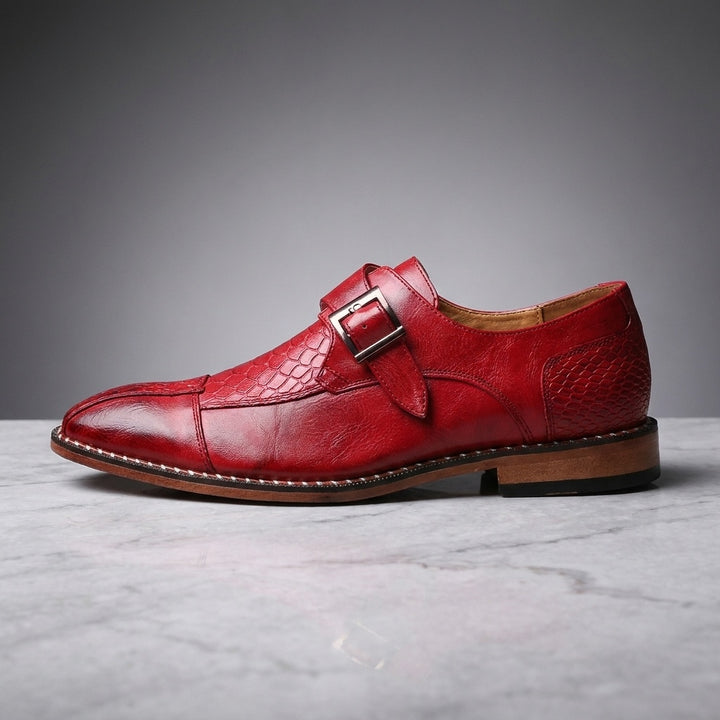 Arezzo Leather Monk Loafers — Red, side profile studio view