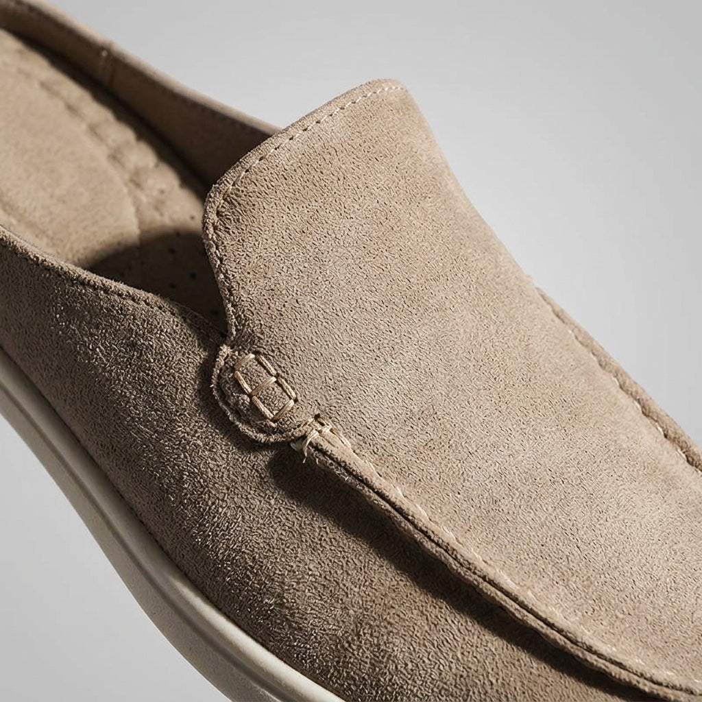 Salcombe Suede Loafers — Beige, close-up toe and vamp suede texture