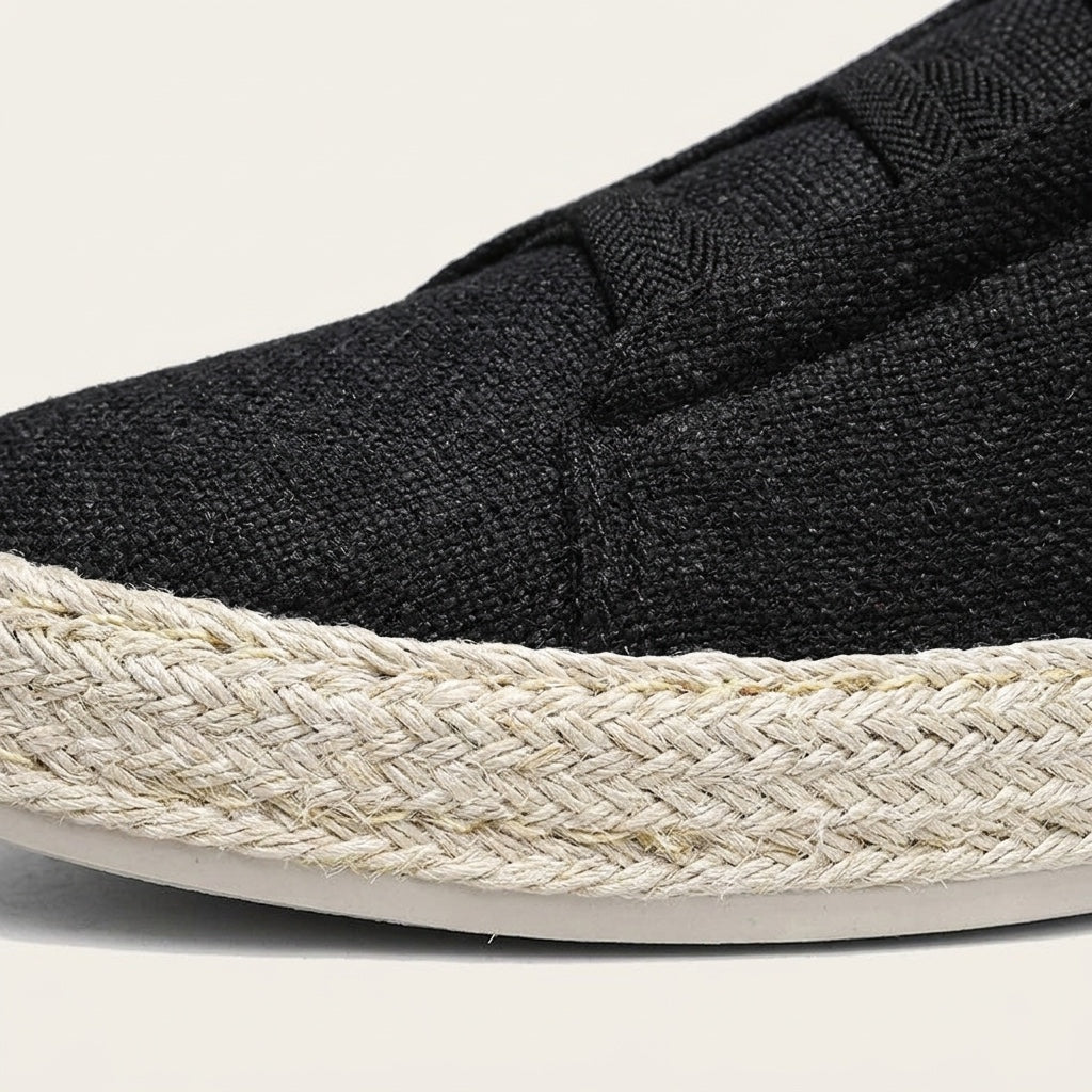 Ponza Espadrille Sneakers — Black, woven upper and rope trim close-up