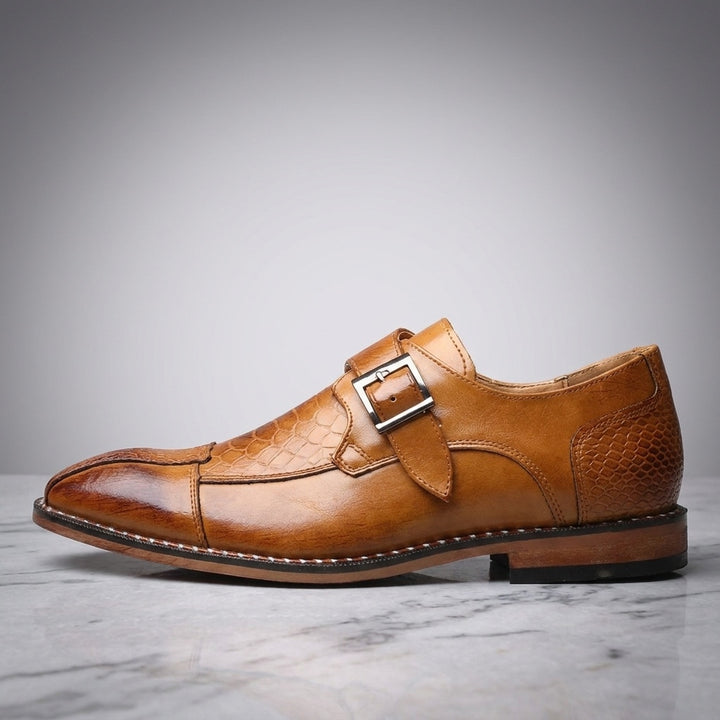 Arezzo Leather Monk Loafers — Camel, side profile studio view
