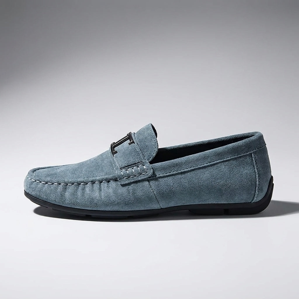 Recco Suede Loafers — Blue, side profile studio view