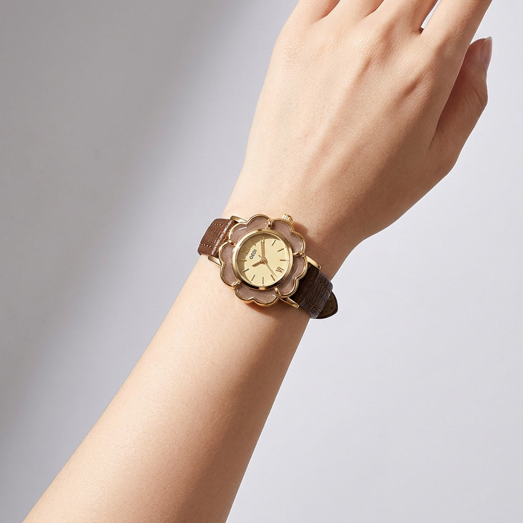 Pescia Flower Watch — Coffee, wrist studio shot