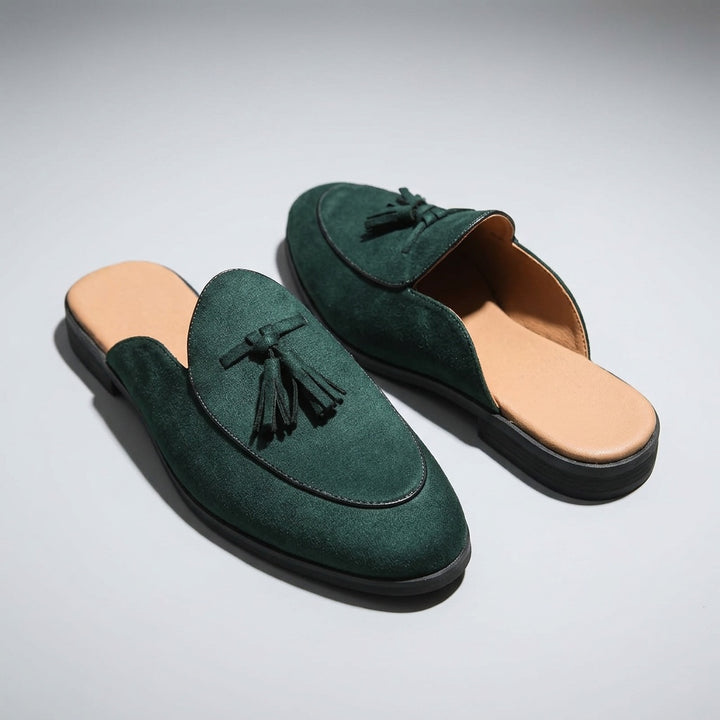 Fasano Suede Mules — Dark Green, three-quarter front view, both shoes paired, open-back visible