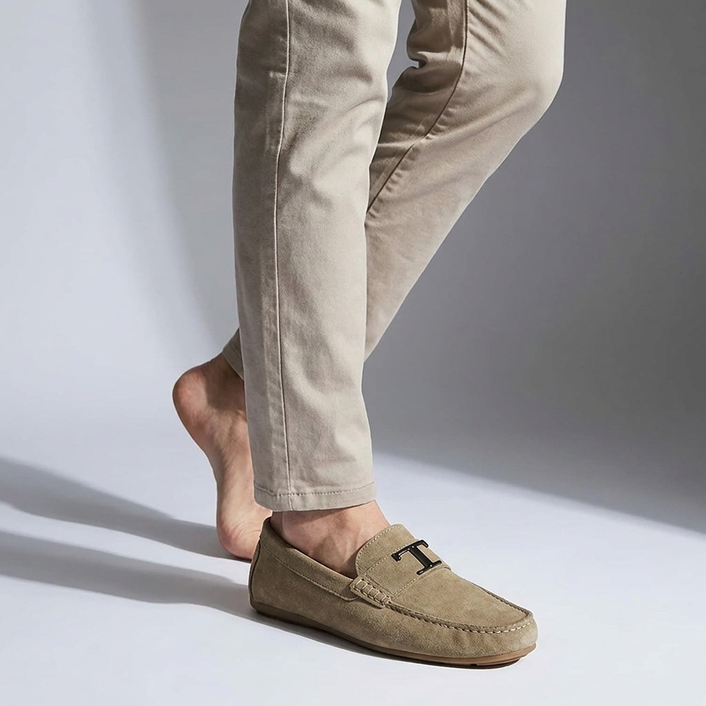 Recco Suede Loafers — Khaki, male model knee-down studio