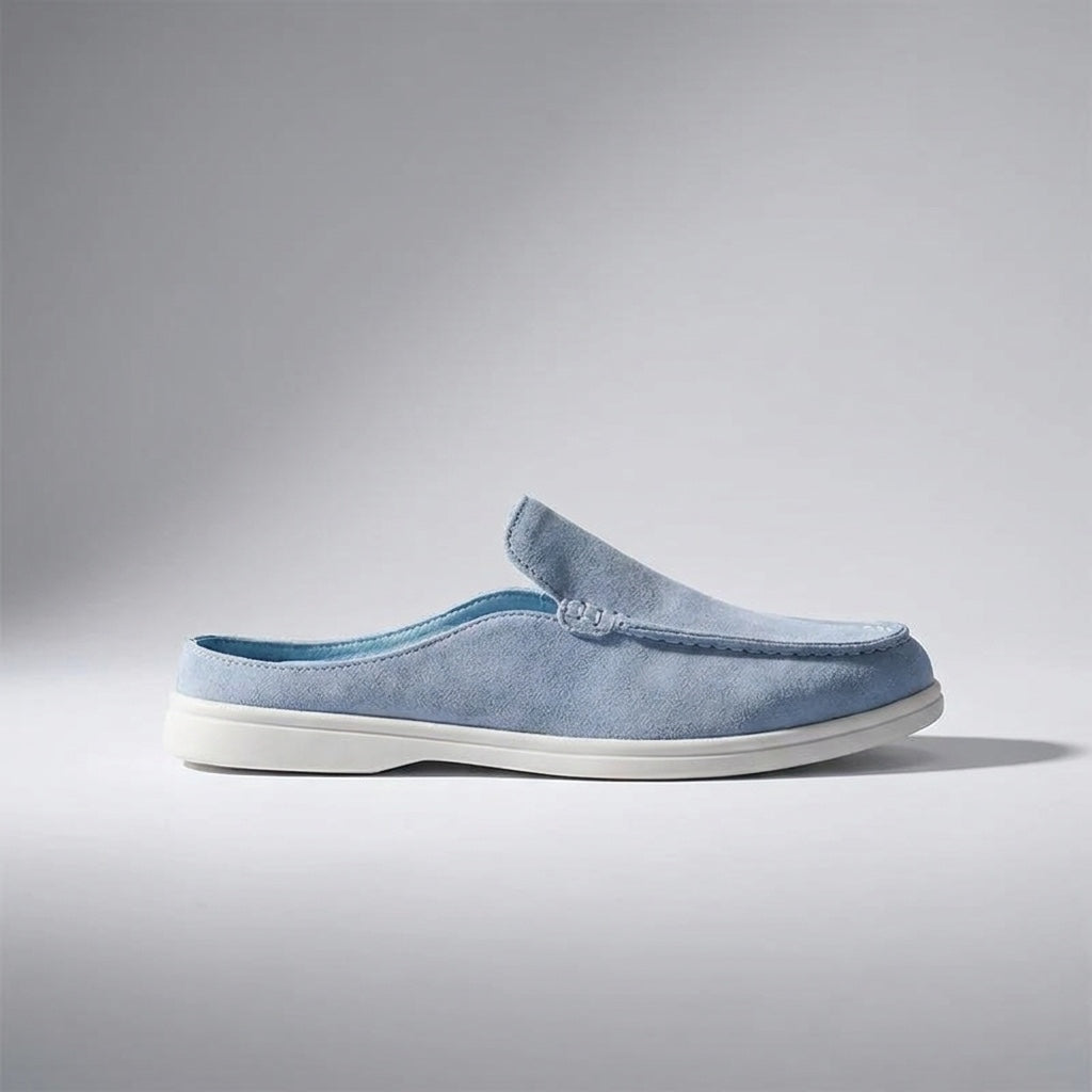 Salcombe Suede Loafers — Blue, left-side profile studio view