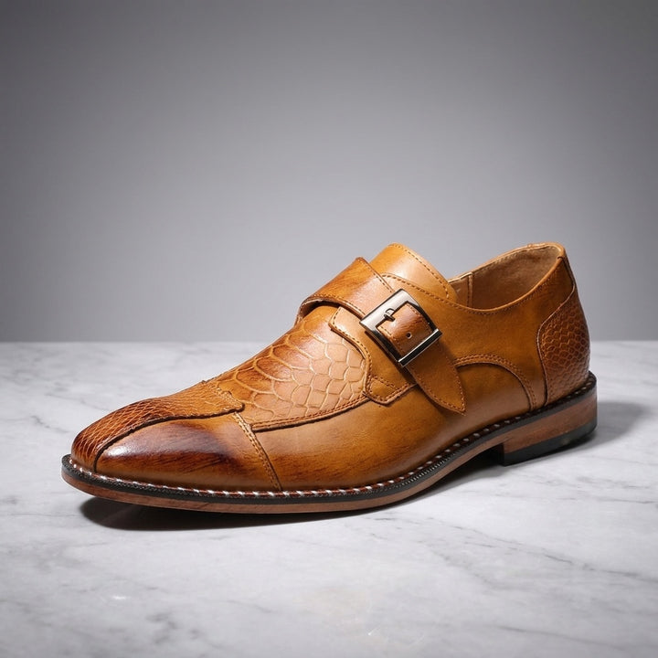 Arezzo Leather Monk Loafers — Camel, three-quarter studio view