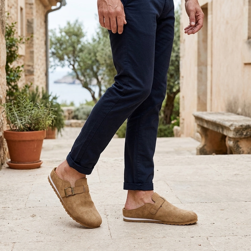 Ragusa Suede Mules — Camel, worn on model, garden terrace