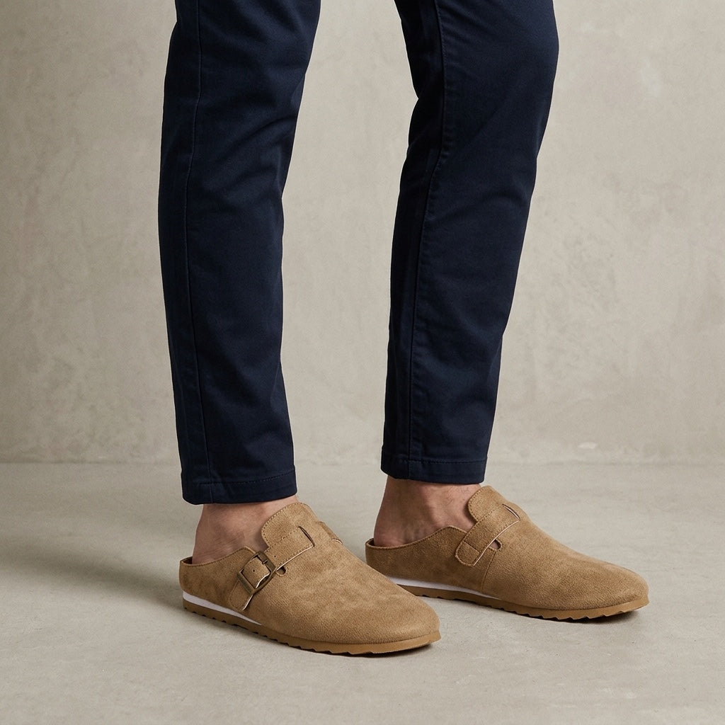 Ragusa Suede Mules — Camel, worn on model, studio