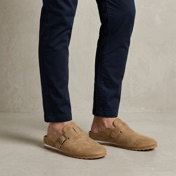 Ragusa Suede Mules — Camel, worn on model, studio