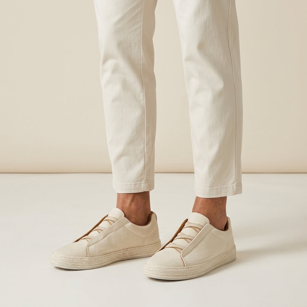 Ponza Espadrille Sneakers — Cream, worn in studio