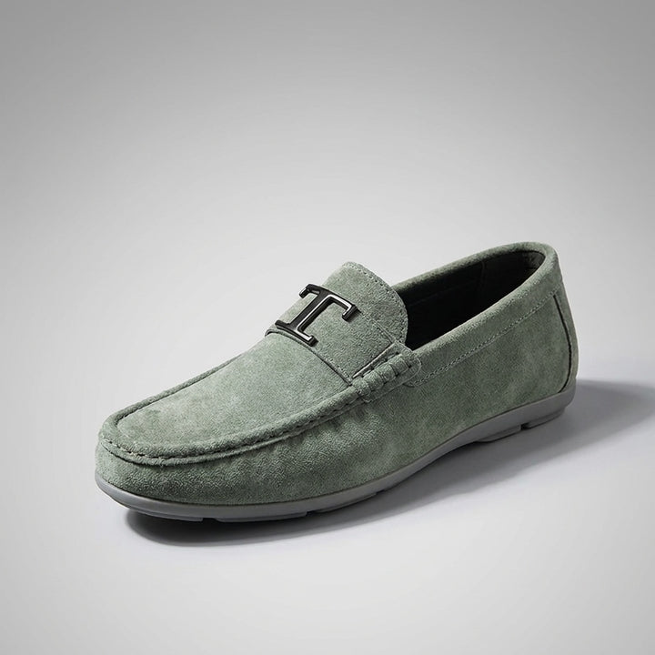 Recco Suede Loafers — Green, three-quarter studio view