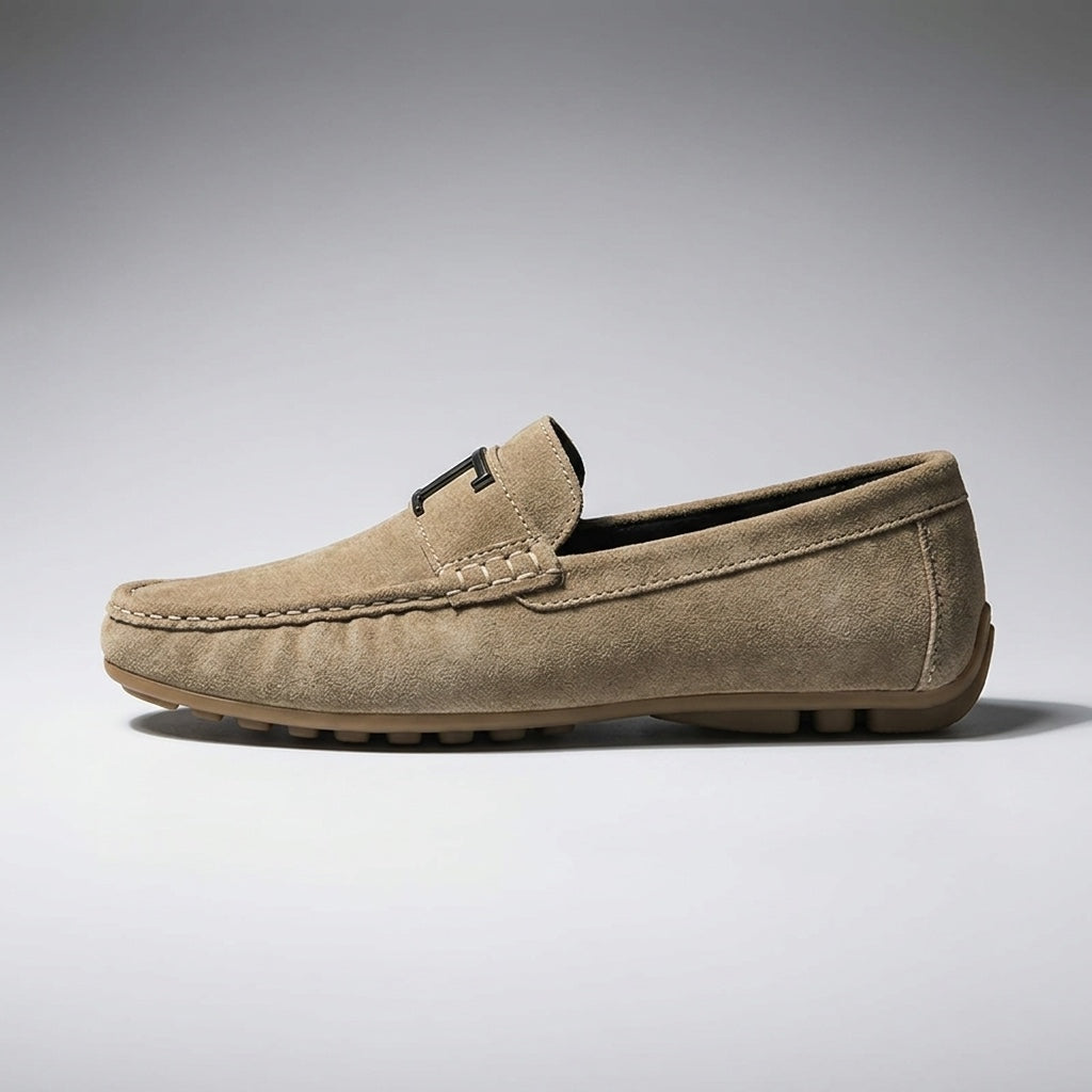 Recco Suede Loafers — Khaki, side profile studio view