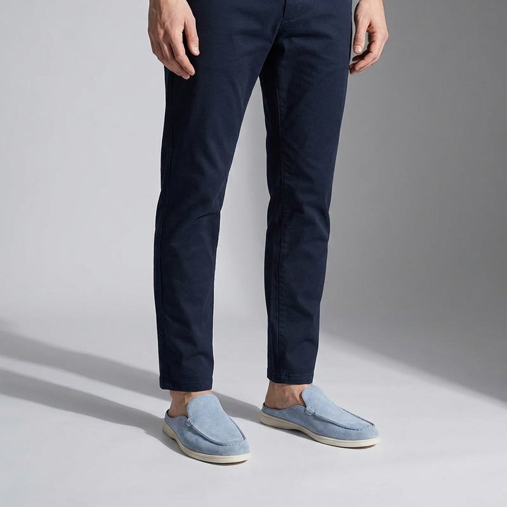 Salcombe Suede Loafers — Blue, male model knee-down studio