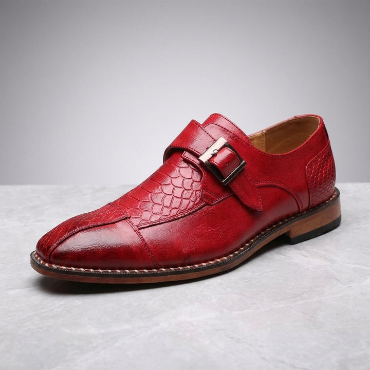 Arezzo Leather Monk Loafers — Red, three-quarter studio view