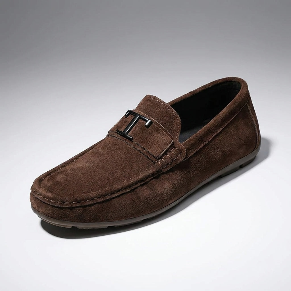 Recco Suede Loafers — Brown, three-quarter studio view