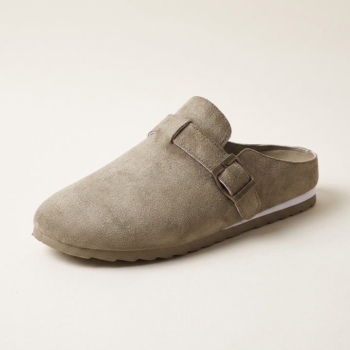 Ragusa Suede Mules — Sand, three-quarter studio view