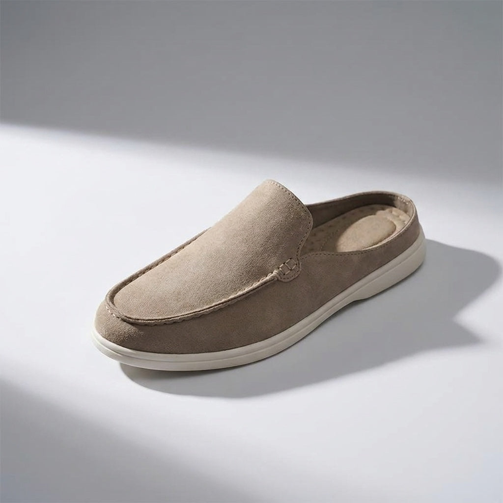 Salcombe Suede Loafers — Beige, three-quarter front-right studio view