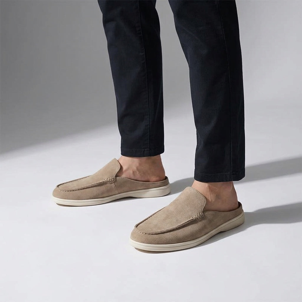 Salcombe Suede Loafers — Beige, male model knee-down studio