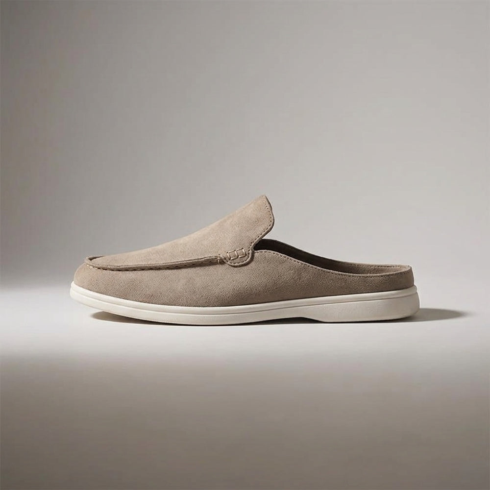 Salcombe Suede Loafers — Beige, left-side profile studio view