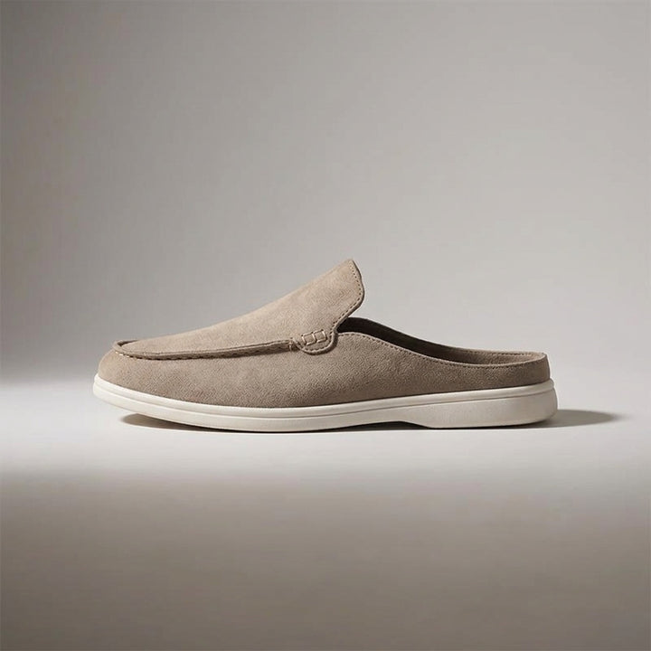 Salcombe Suede Loafers — Beige, left-side profile studio view