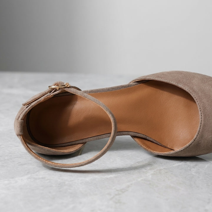 Tremezzo Ankle-Strap Pumps — Taupe, close view of the leather lining and footbed