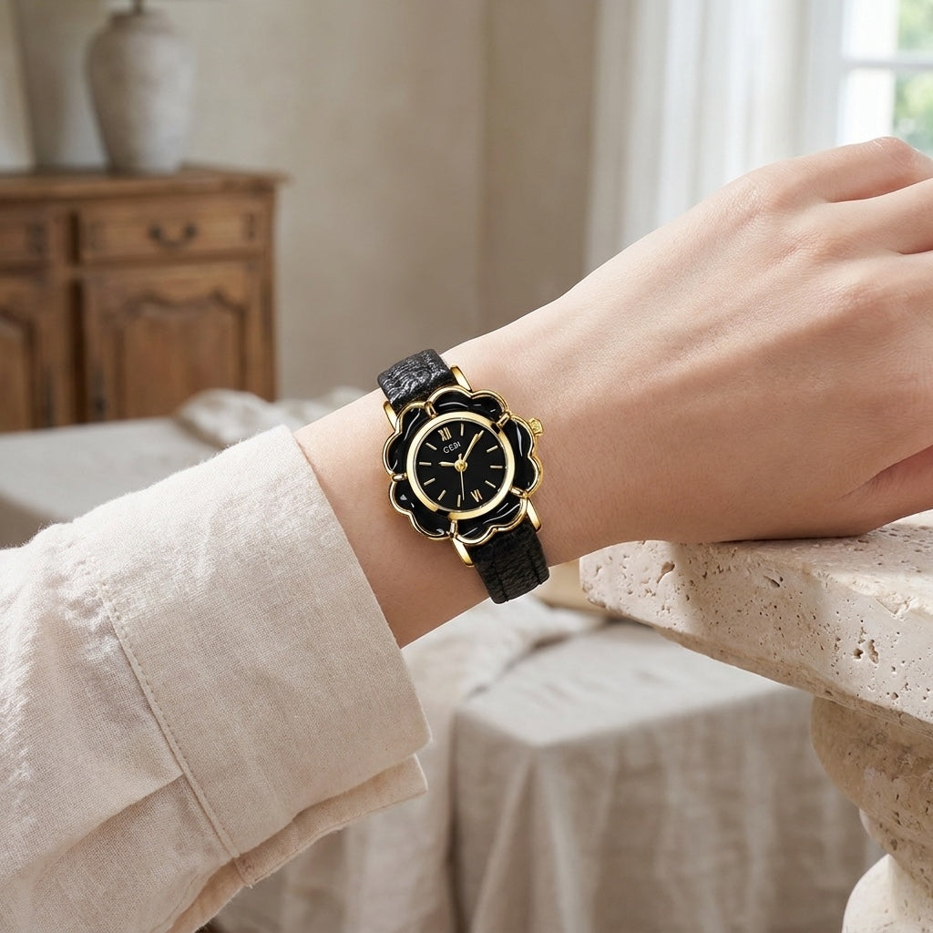 Pescia Flower Watch — Black, lifestyle wrist shot