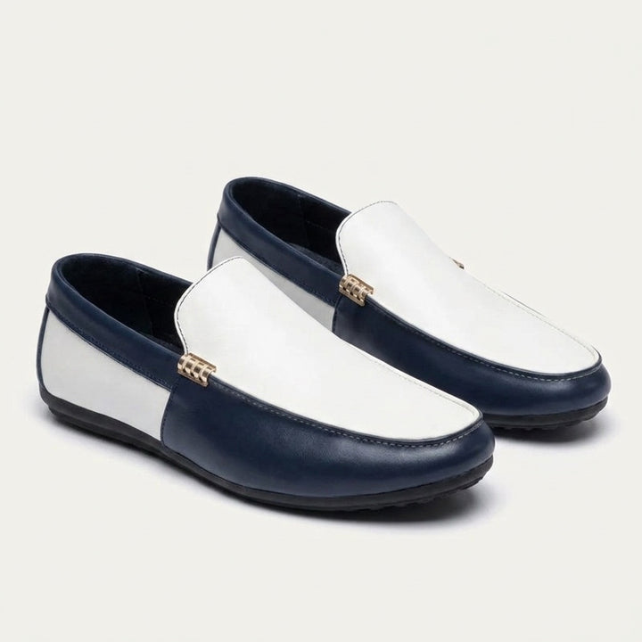 Salerno Two-Tone Loafers — Navy &amp; White, three-quarter studio view