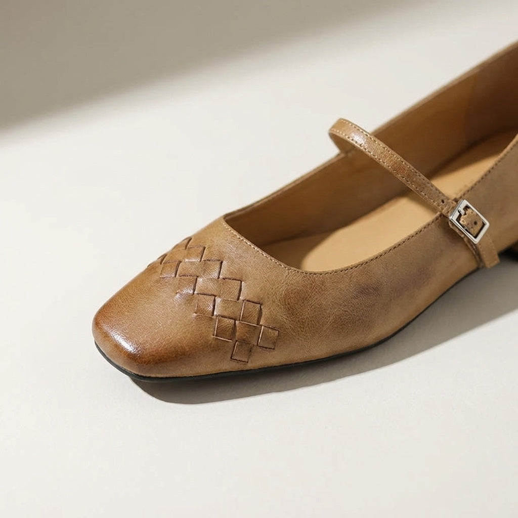 Verona Mary Janes — Tan, close view of the woven toe and buckle
