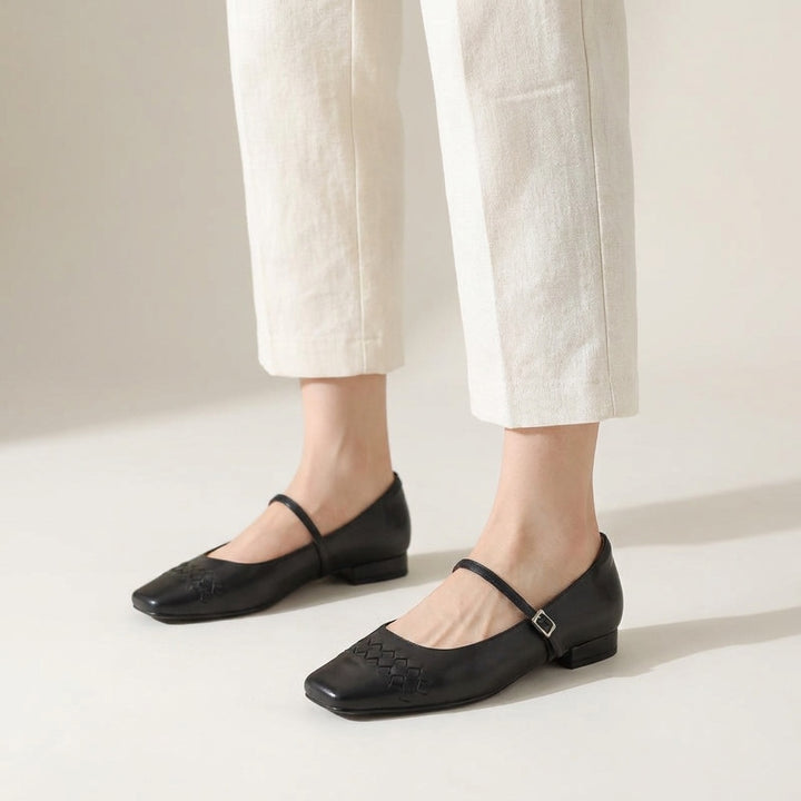 Verona Mary Janes — Black, worn view in the studio, from the knee down