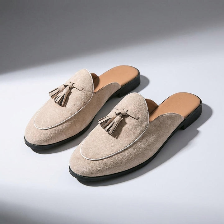 Fasano Suede Mules — Beige, three-quarter front view, both shoes paired, open-back visible