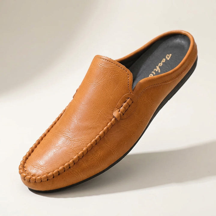 Cetara Leather Mules — Tan, three-quarter studio view