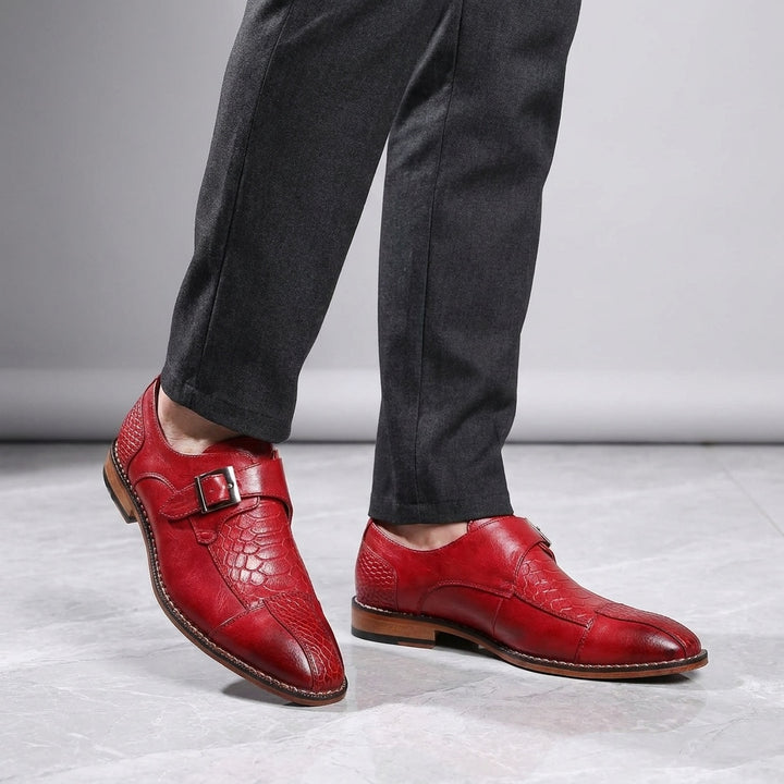 Arezzo Leather Monk Loafers — Red, worn knee-down studio view