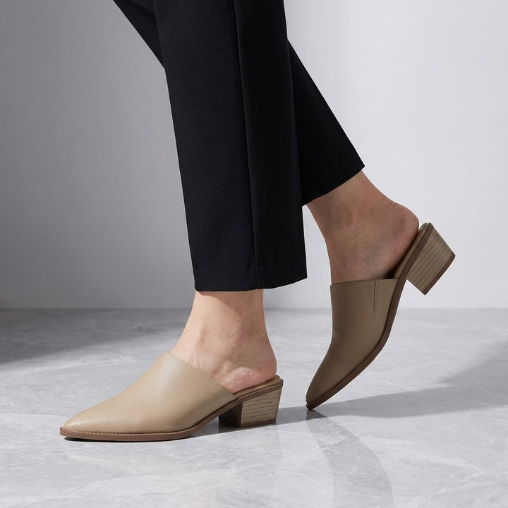 Sabina Leather Mules — Sand, worn, studio view from the knee down
