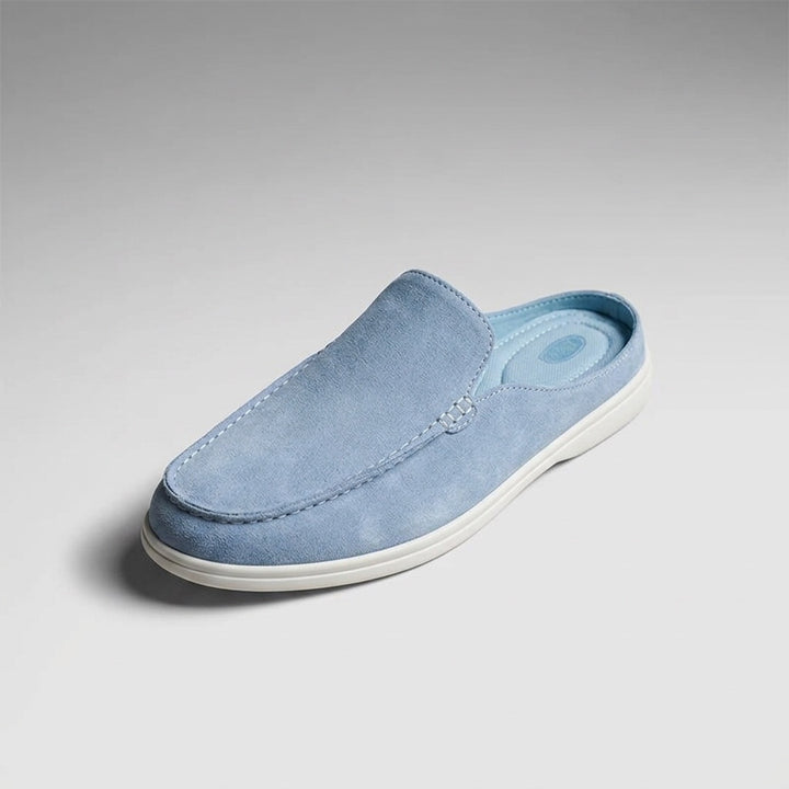 Salcombe Suede Loafers — Blue, three-quarter front-right studio view