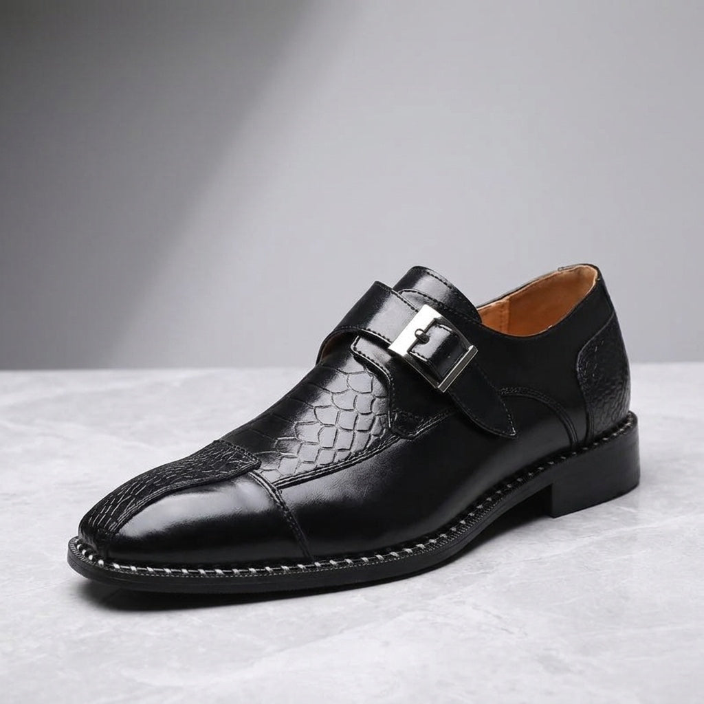 Arezzo Leather Monk Loafers — Black, three-quarter studio view
