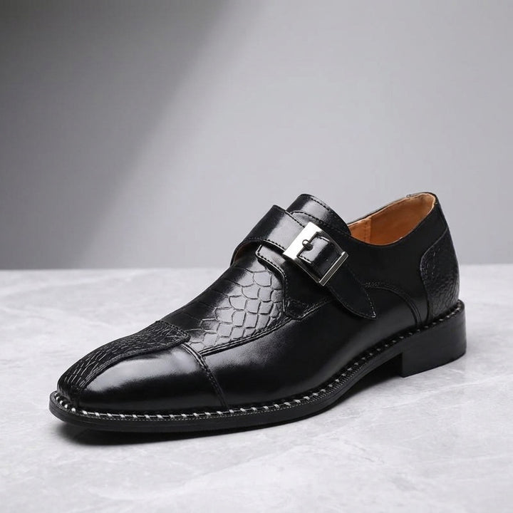 Arezzo Leather Monk Loafers — Black, three-quarter studio view