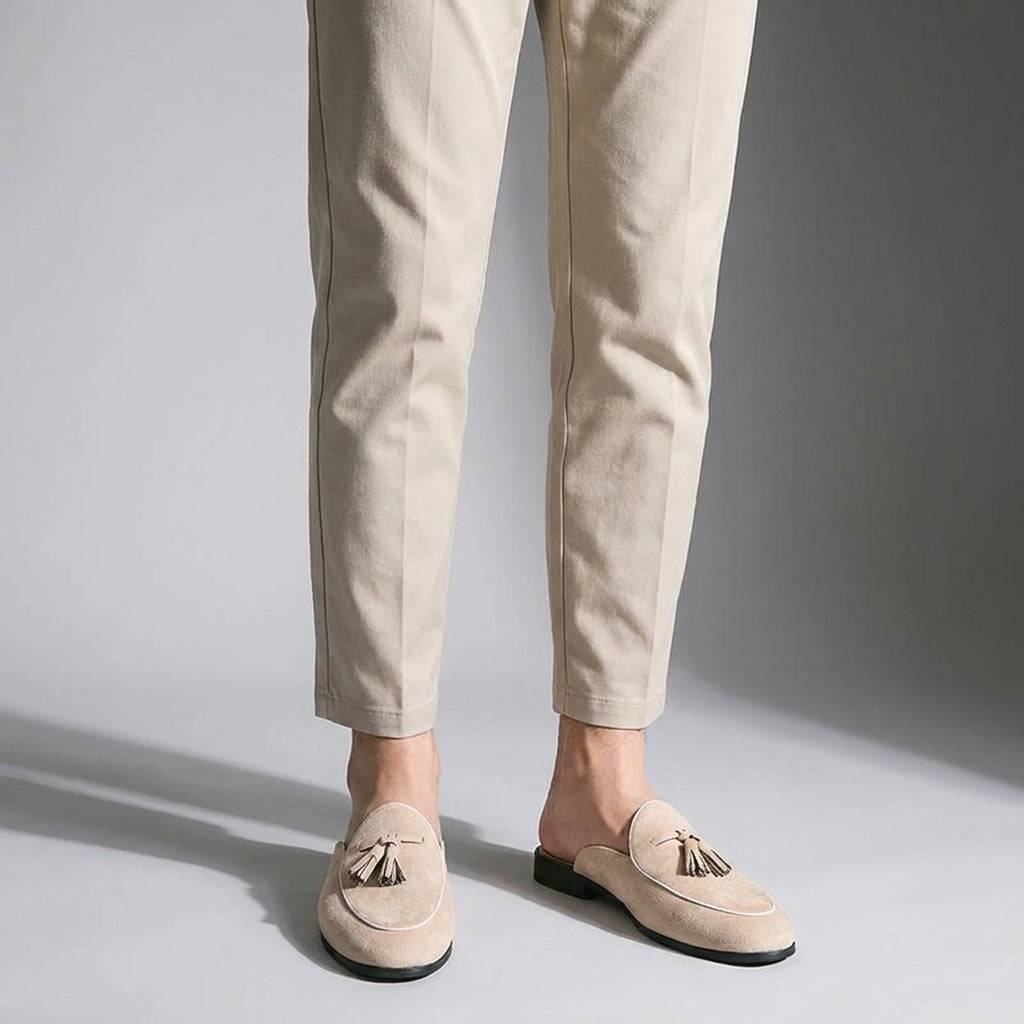 Fasano Suede Mules — Beige, male model knee-down studio
