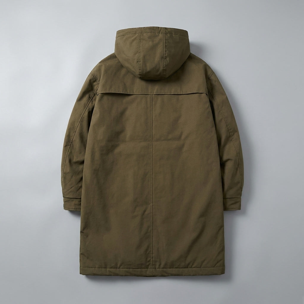 Kensington Overcoat — Army Green, flat lay back on grey seamless