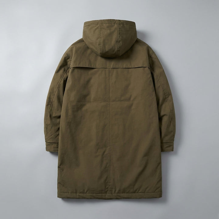Kensington Overcoat — Army Green, flat lay back on grey seamless