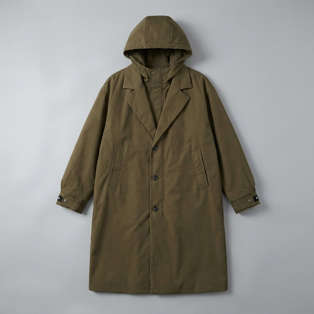 Kensington Overcoat — Army Green, flat lay front on grey seamless