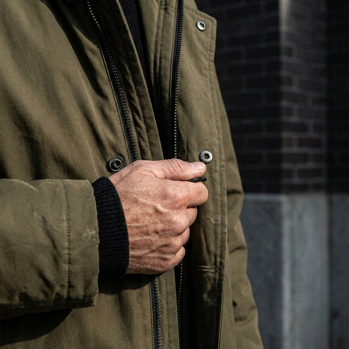 Kensington Overcoat — Army Green, lifestyle worn detail